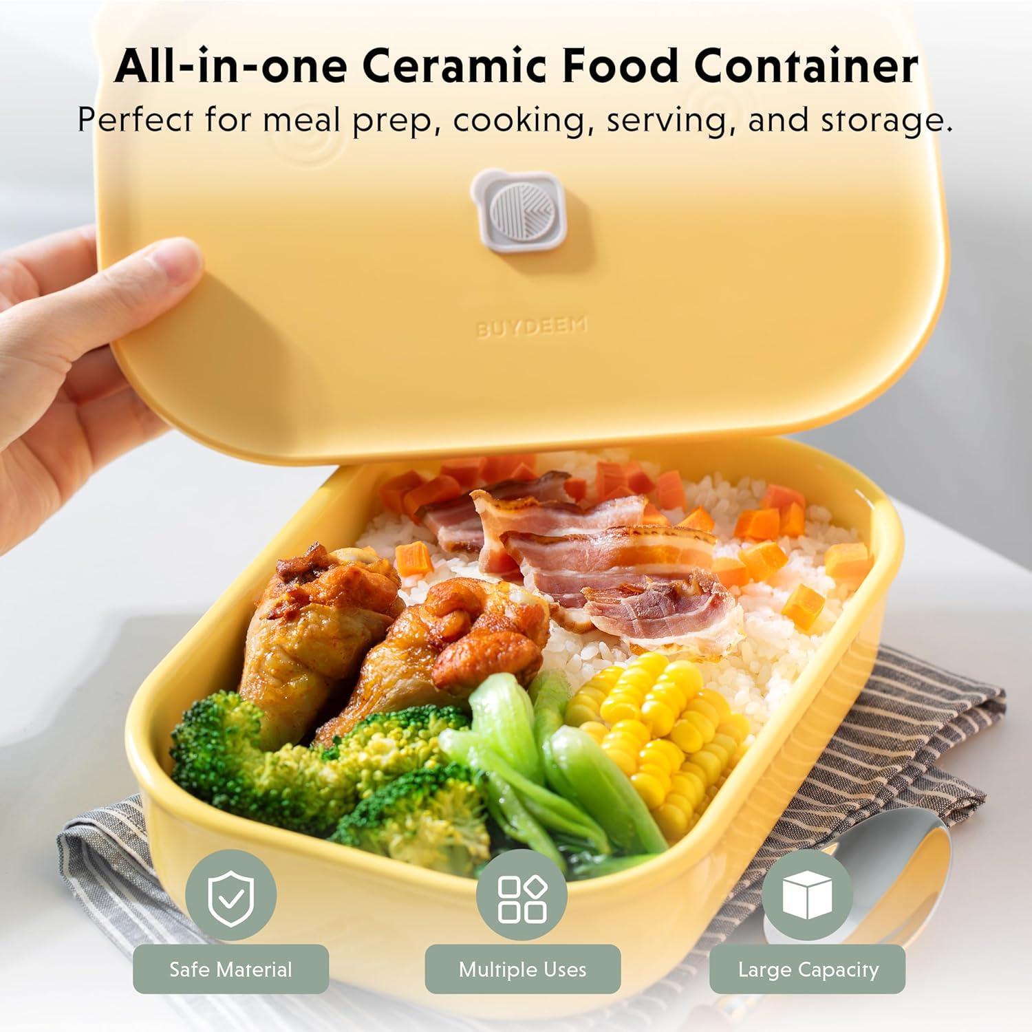 image:imageBUYDEEM Ceramic Food Storage Container with Airtight Lid 17 oz Bento Lunch with Airlock Lid Stackable Bento Box Microwaveable Reusable and Dishwasher Safe for Office Work and Travel Cozy GreenishMellow Yellow
