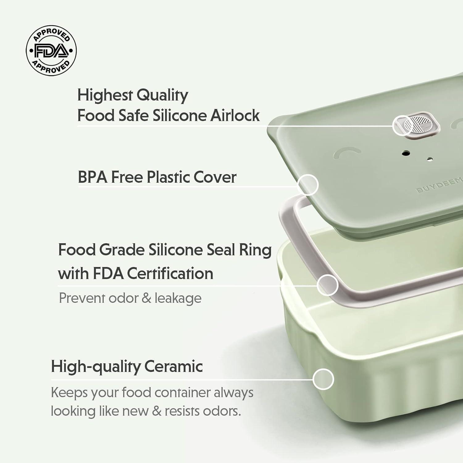 image:imageBUYDEEM Ceramic Food Storage Container with Airtight Lid 28 oz Bento Lunch with Airlock Lid Stackable Bento Box Microwaveable Reusable and Dishwasher Safe for Office Work and Travel Cozy GreenishMellow Yellow