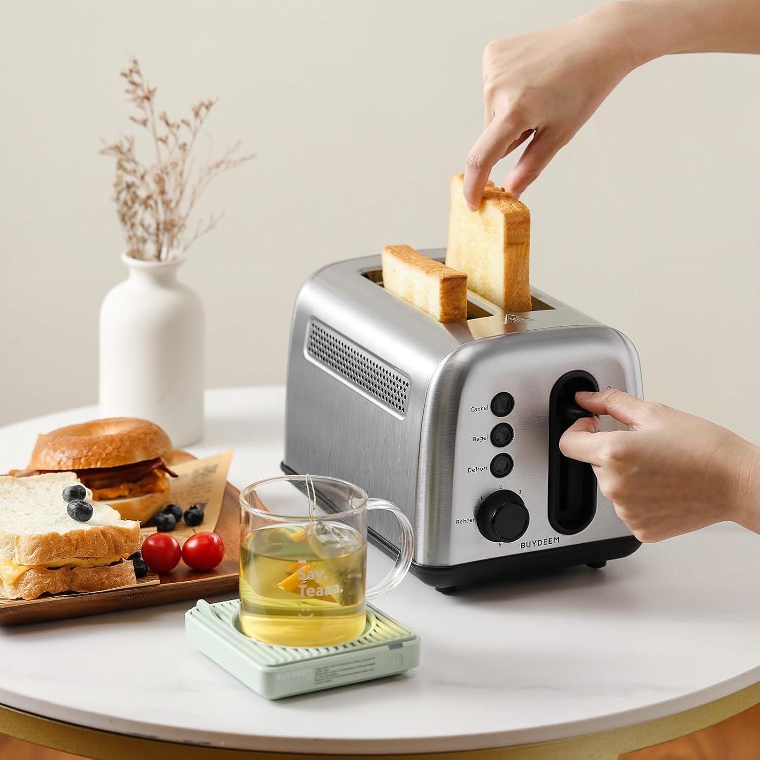 image:imageBUYDEEM DT440 4 Slice Toaster Stainless Steel Toaster with Extra Wide Slots for Bagels Muffins High Lift Lever 6 Shade Settings Retro Sliver2Slice