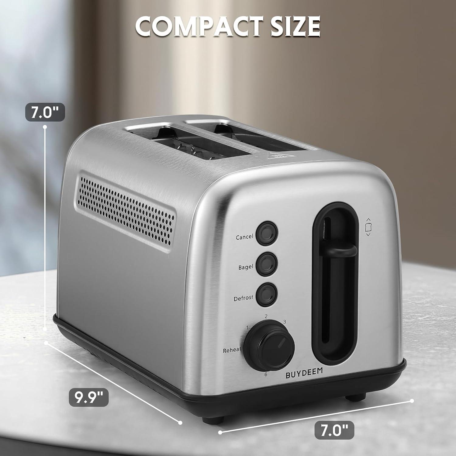 image:imageBUYDEEM DT440 4 Slice Toaster Stainless Steel Toaster with Extra Wide Slots for Bagels Muffins High Lift Lever 6 Shade Settings Retro Sliver2Slice