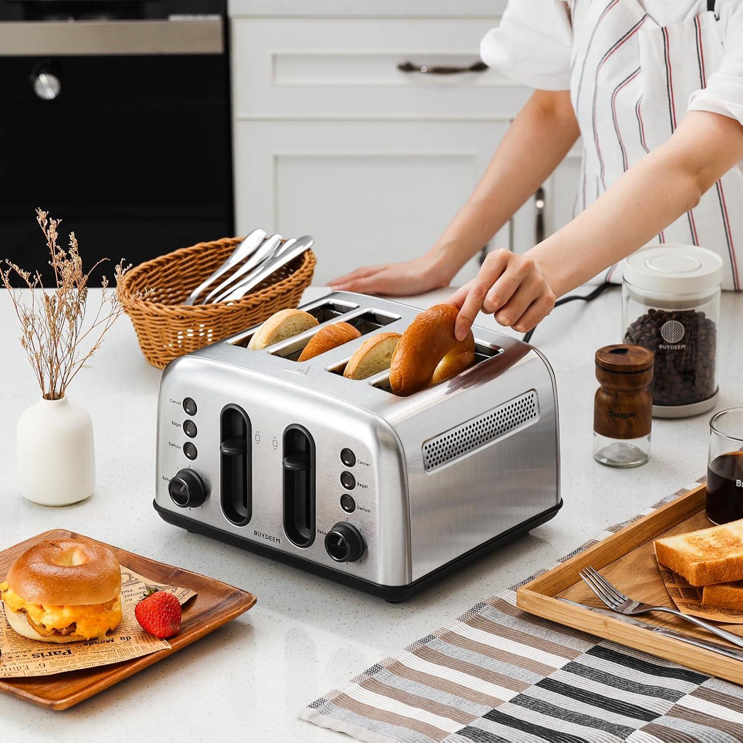 image:imageBUYDEEM DT440 4 Slice Toaster Stainless Steel Toaster with Extra Wide Slots for Bagels Muffins High Lift Lever 6 Shade Settings Retro Sliver4Slice
