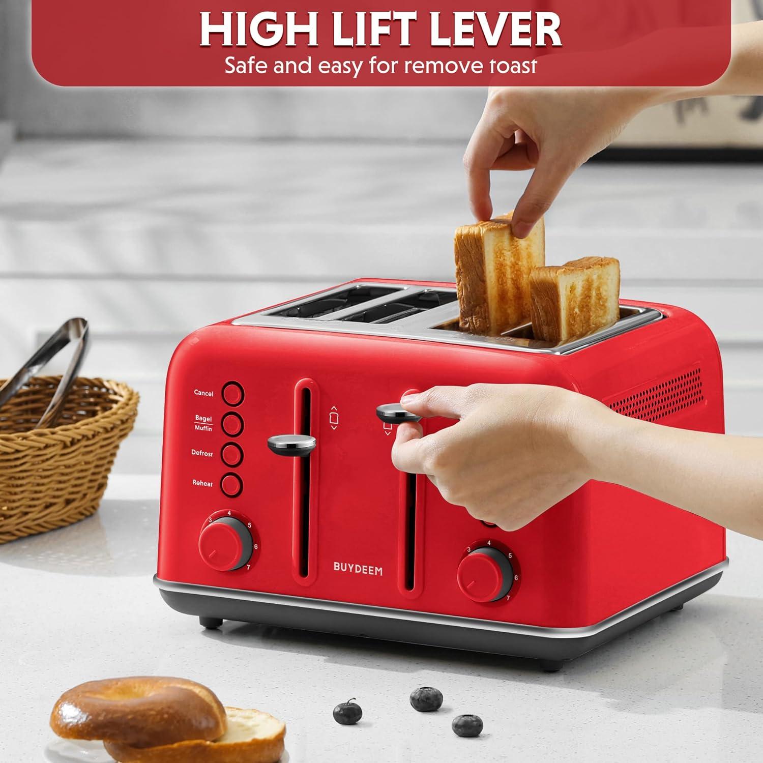 image:imageBUYDEEM DT620 2Slice Toaster Extra Wide Slots Retro Stainless Steel with High Lift Lever Bagel and Muffin Function Removal Crumb Tray 7Shade SettingsCozy GreenishRed
