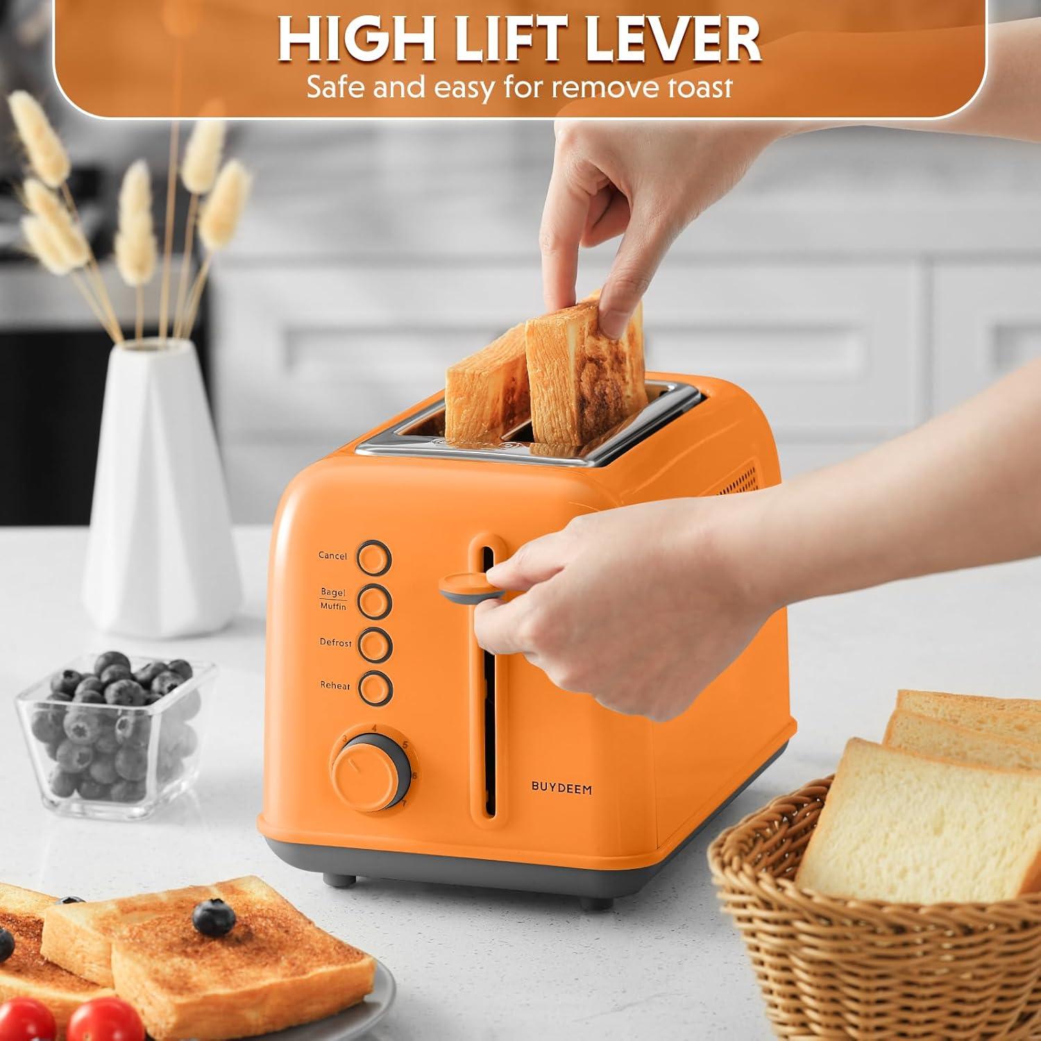image:imageBUYDEEM DT620 2Slice Toaster Extra Wide Slots Retro Stainless Steel with High Lift Lever Bagel and Muffin Function Removal Crumb Tray 7Shade SettingsCozy GreenishOrange