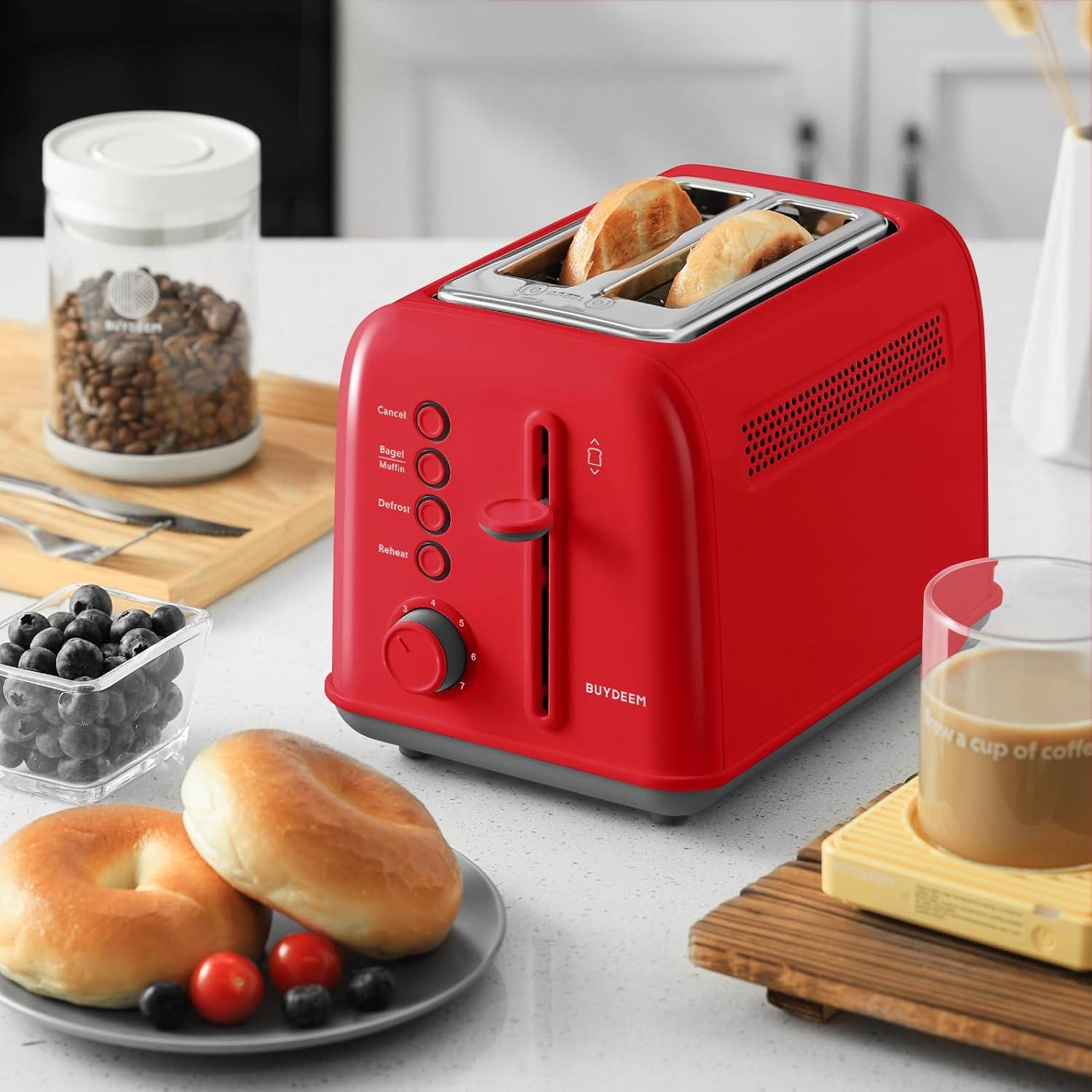 image:imageBUYDEEM DT620 2Slice Toaster Extra Wide Slots Retro Stainless Steel with High Lift Lever Bagel and Muffin Function Removal Crumb Tray 7Shade SettingsCozy GreenishRed