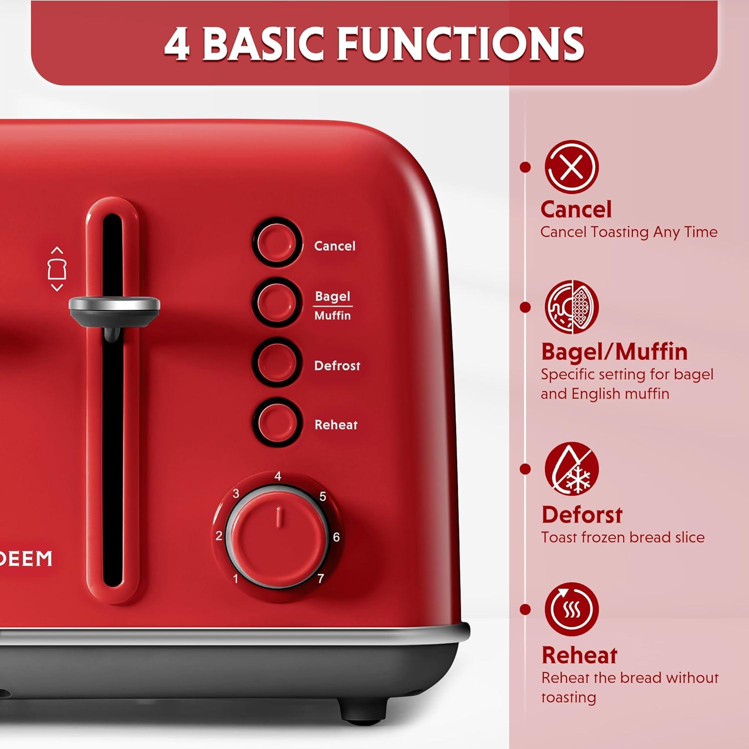 image:imageBUYDEEM DT620 2Slice Toaster Extra Wide Slots Retro Stainless Steel with High Lift Lever Bagel and Muffin Function Removal Crumb Tray 7Shade SettingsCozy GreenishRed