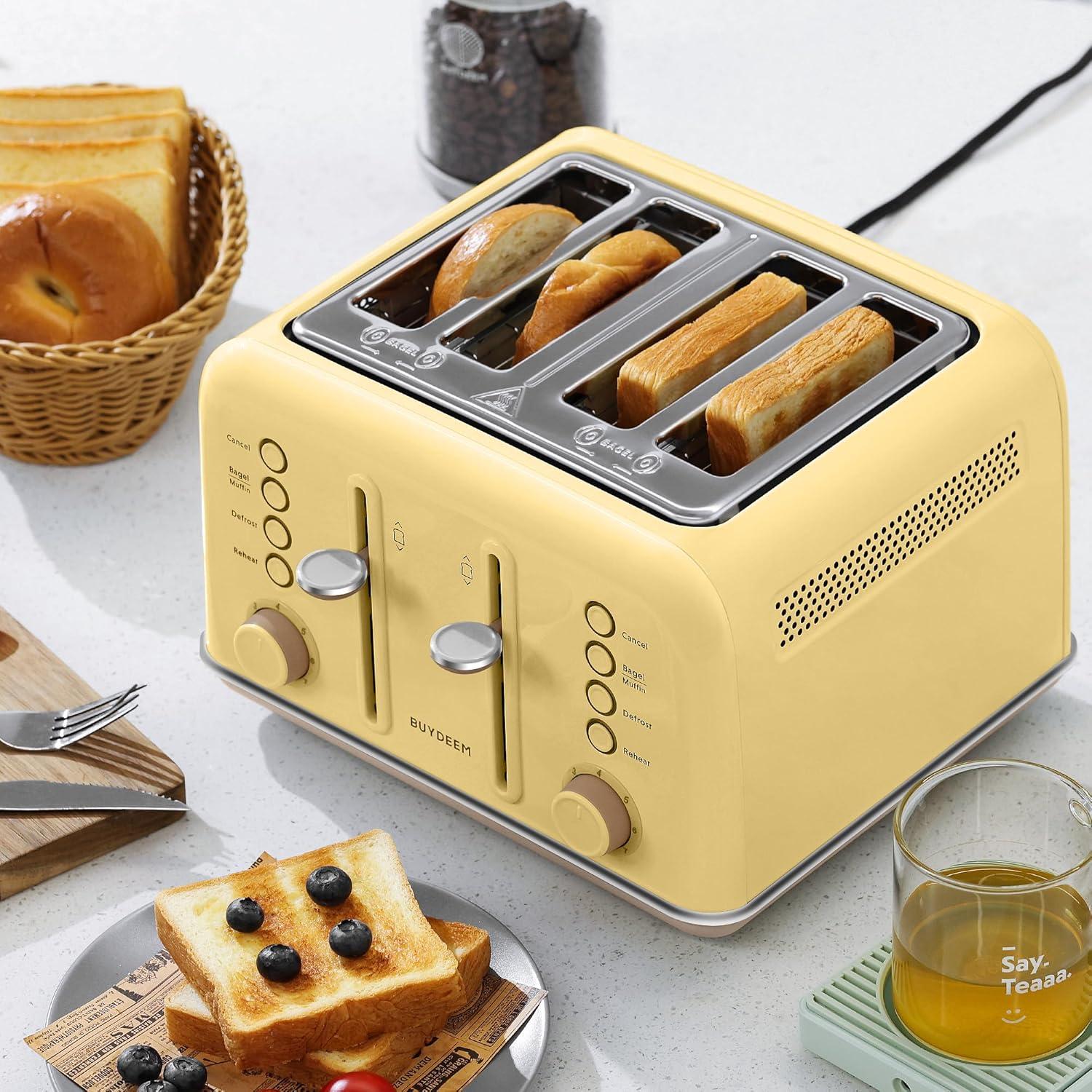 image:imageBUYDEEM DT620 2Slice Toaster Extra Wide Slots Retro Stainless Steel with High Lift Lever Bagel and Muffin Function Removal Crumb Tray 7Shade SettingsCozy GreenishYellow