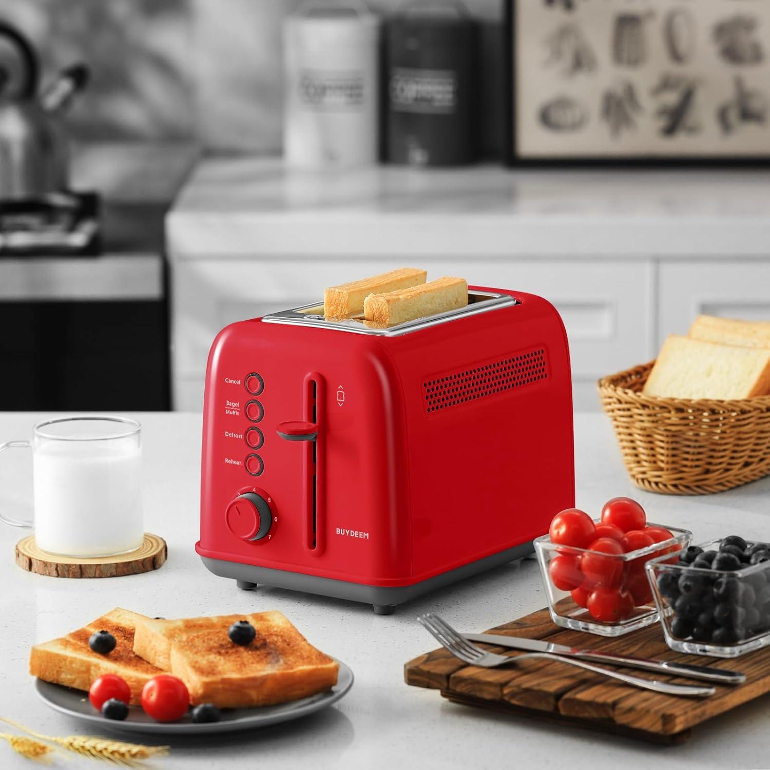 image:imageBUYDEEM DT620 2Slice Toaster Extra Wide Slots Retro Stainless Steel with High Lift Lever Bagel and Muffin Function Removal Crumb Tray 7Shade SettingsCozy GreenishRed