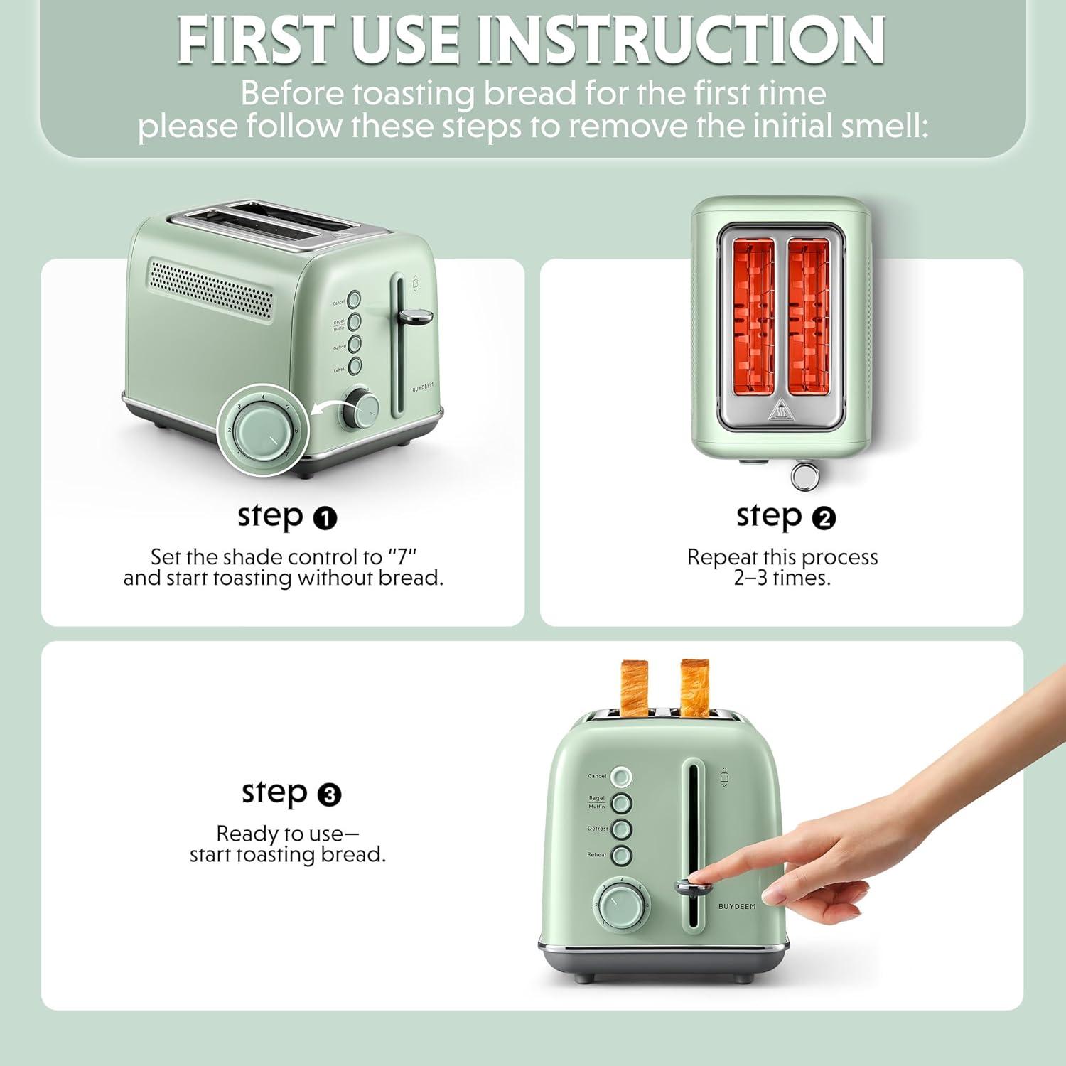 image:imageBUYDEEM DT620 2Slice Toaster Extra Wide Slots Retro Stainless Steel with High Lift Lever Bagel and Muffin Function Removal Crumb Tray 7Shade SettingsCozy GreenishCozy Greenish