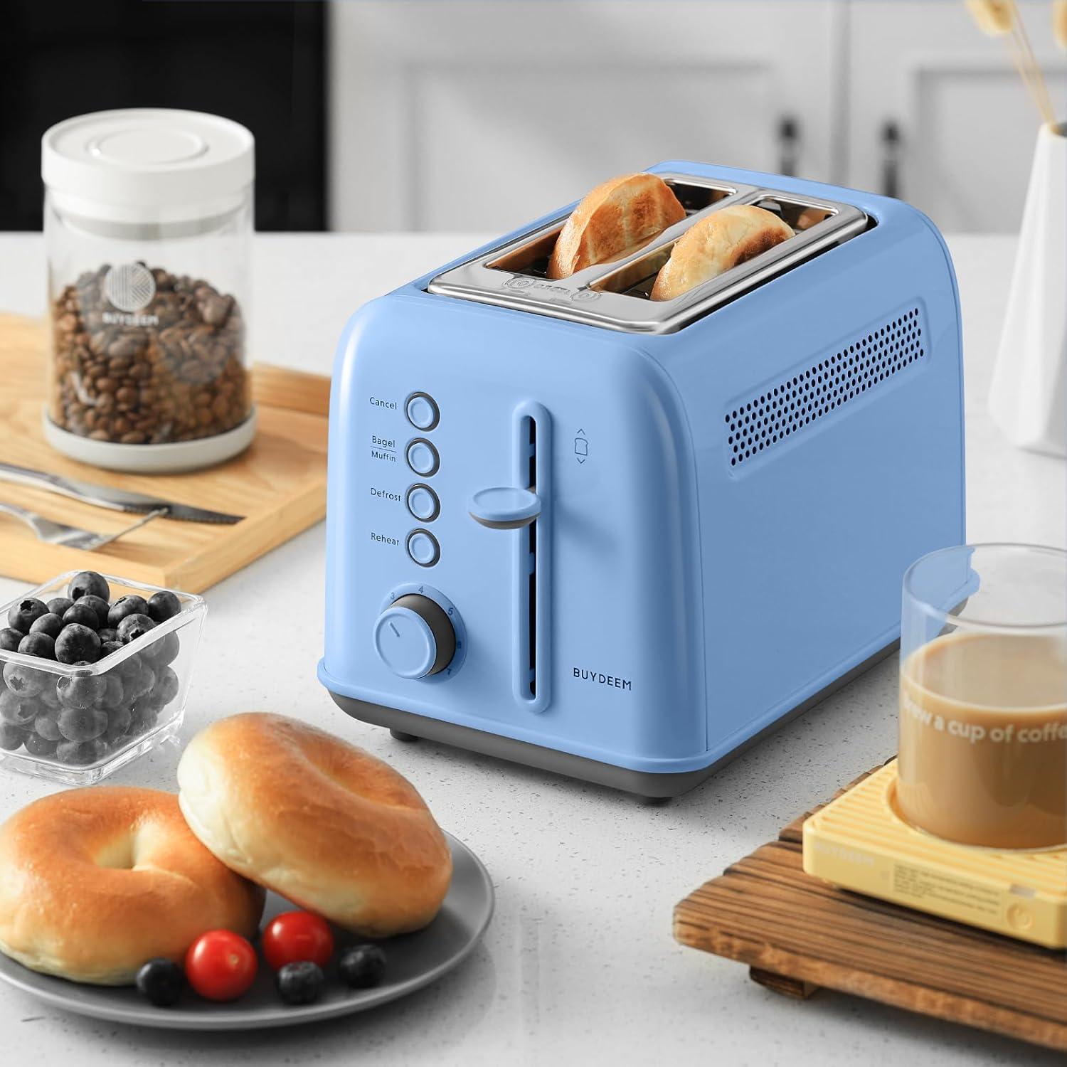 image:imageBUYDEEM DT620 2Slice Toaster Extra Wide Slots Retro Stainless Steel with High Lift Lever Bagel and Muffin Function Removal Crumb Tray 7Shade SettingsCozy GreenishBlue