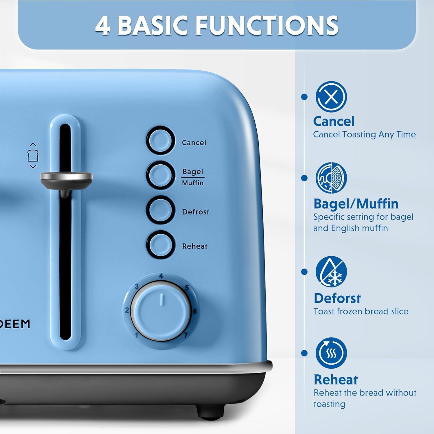 image:imageBUYDEEM DT620 2Slice Toaster Extra Wide Slots Retro Stainless Steel with High Lift Lever Bagel and Muffin Function Removal Crumb Tray 7Shade SettingsCozy GreenishBlue