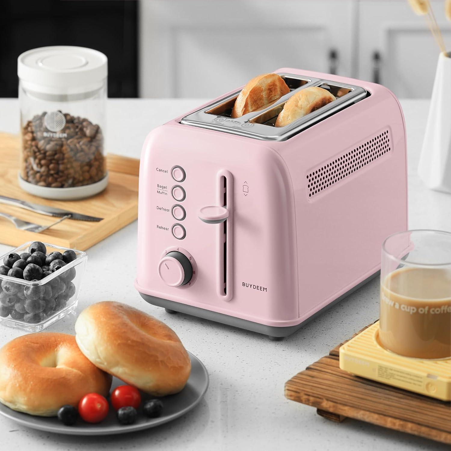 image:imageBUYDEEM DT620 2Slice Toaster Extra Wide Slots Retro Stainless Steel with High Lift Lever Bagel and Muffin Function Removal Crumb Tray 7Shade SettingsCozy GreenishPink