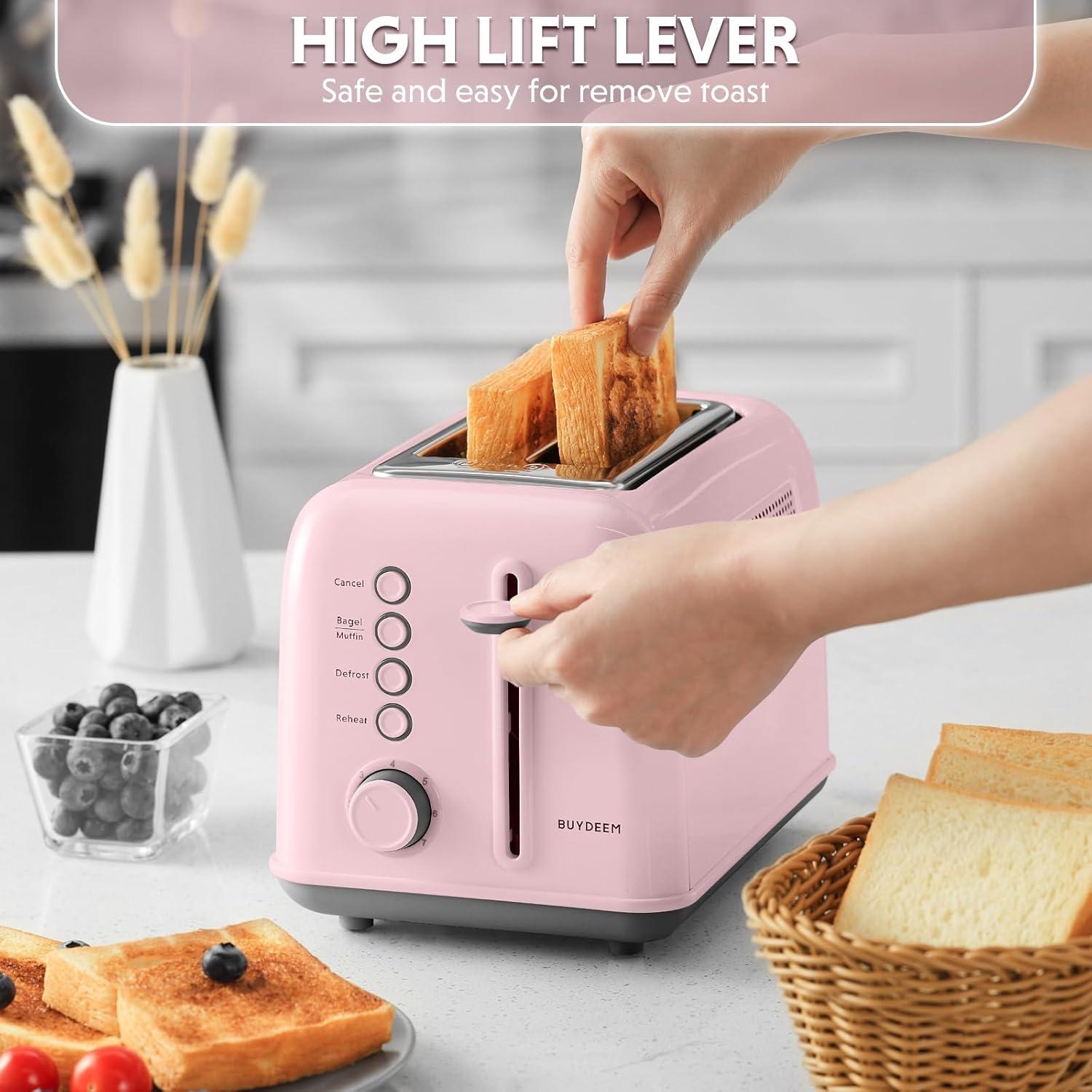 image:imageBUYDEEM DT620 2Slice Toaster Extra Wide Slots Retro Stainless Steel with High Lift Lever Bagel and Muffin Function Removal Crumb Tray 7Shade SettingsCozy GreenishPink