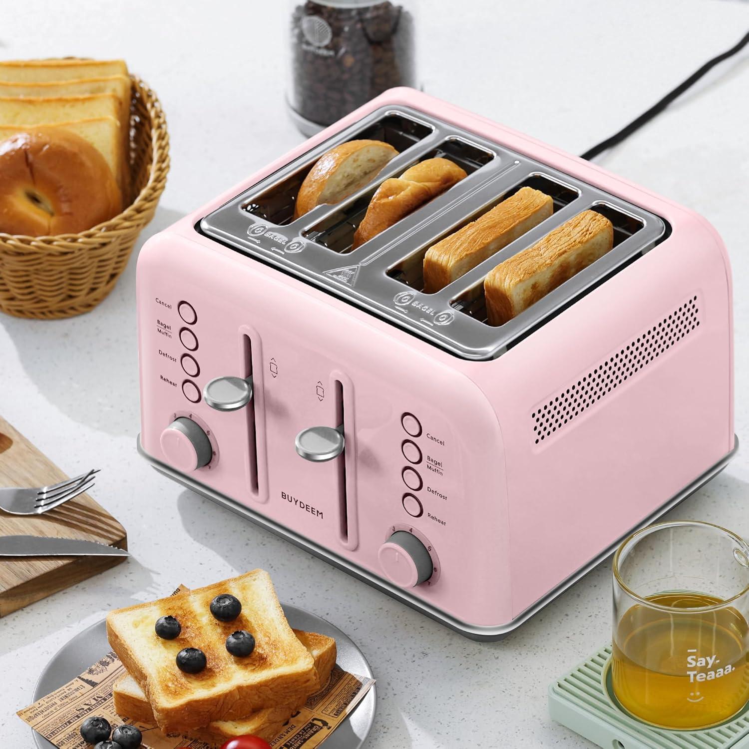 image:imageBUYDEEM DT620 2Slice Toaster Extra Wide Slots Retro Stainless Steel with High Lift Lever Bagel and Muffin Function Removal Crumb Tray 7Shade SettingsCozy GreenishPink
