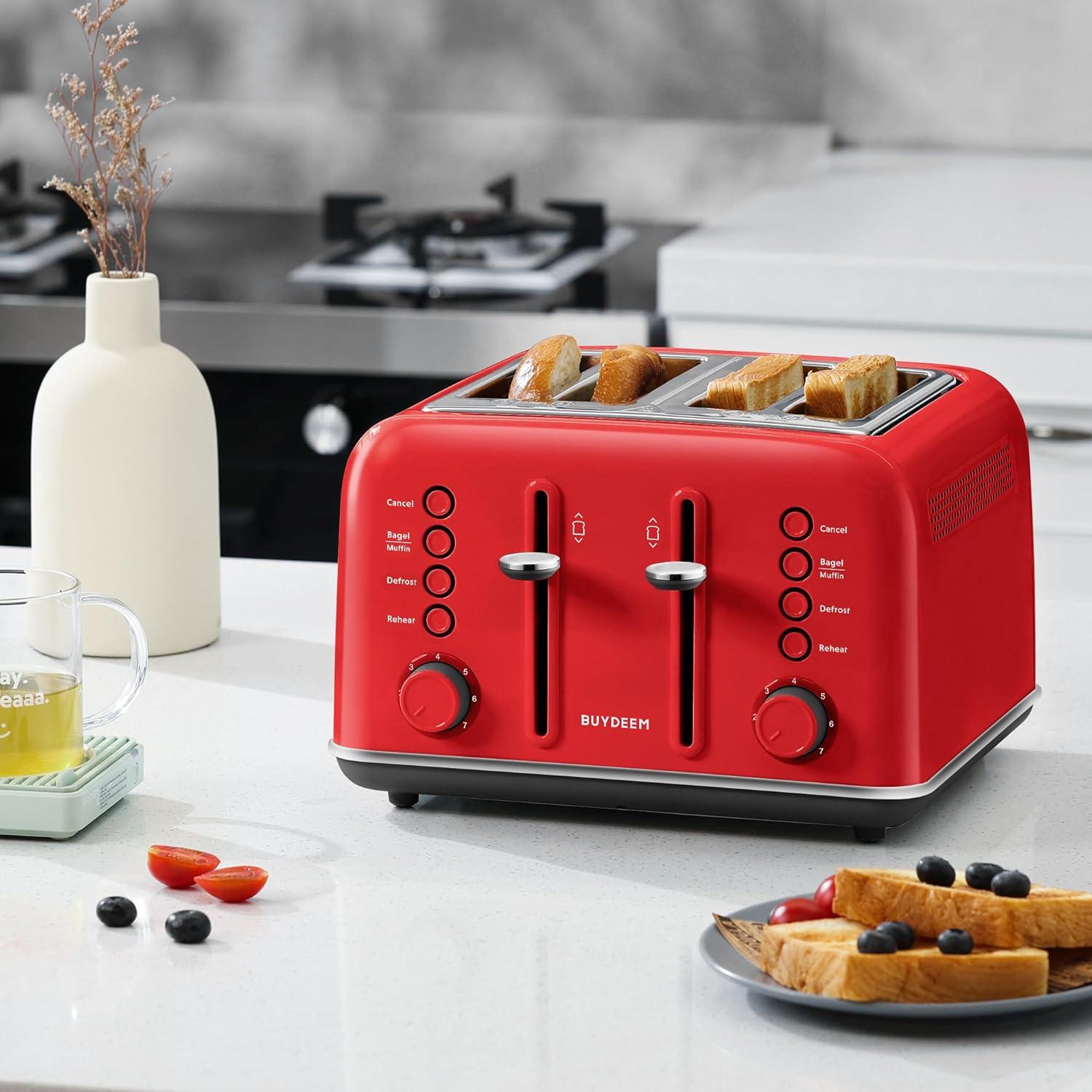 image:imageBUYDEEM DT620 2Slice Toaster Extra Wide Slots Retro Stainless Steel with High Lift Lever Bagel and Muffin Function Removal Crumb Tray 7Shade SettingsCozy GreenishRed