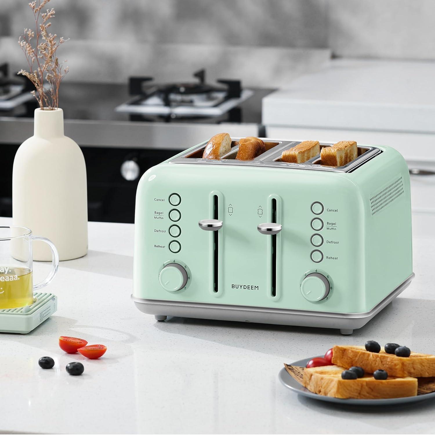 image:imageBUYDEEM DT620 2Slice Toaster Extra Wide Slots Retro Stainless Steel with High Lift Lever Bagel and Muffin Function Removal Crumb Tray 7Shade SettingsCozy GreenishGreen