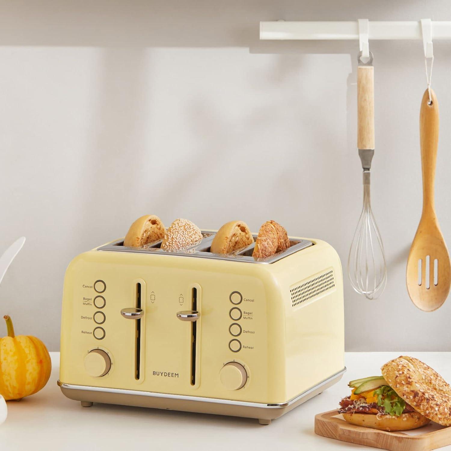 image:imageBUYDEEM DT620 2Slice Toaster Extra Wide Slots Retro Stainless Steel with High Lift Lever Bagel and Muffin Function Removal Crumb Tray 7Shade SettingsCozy GreenishMellow Yellow