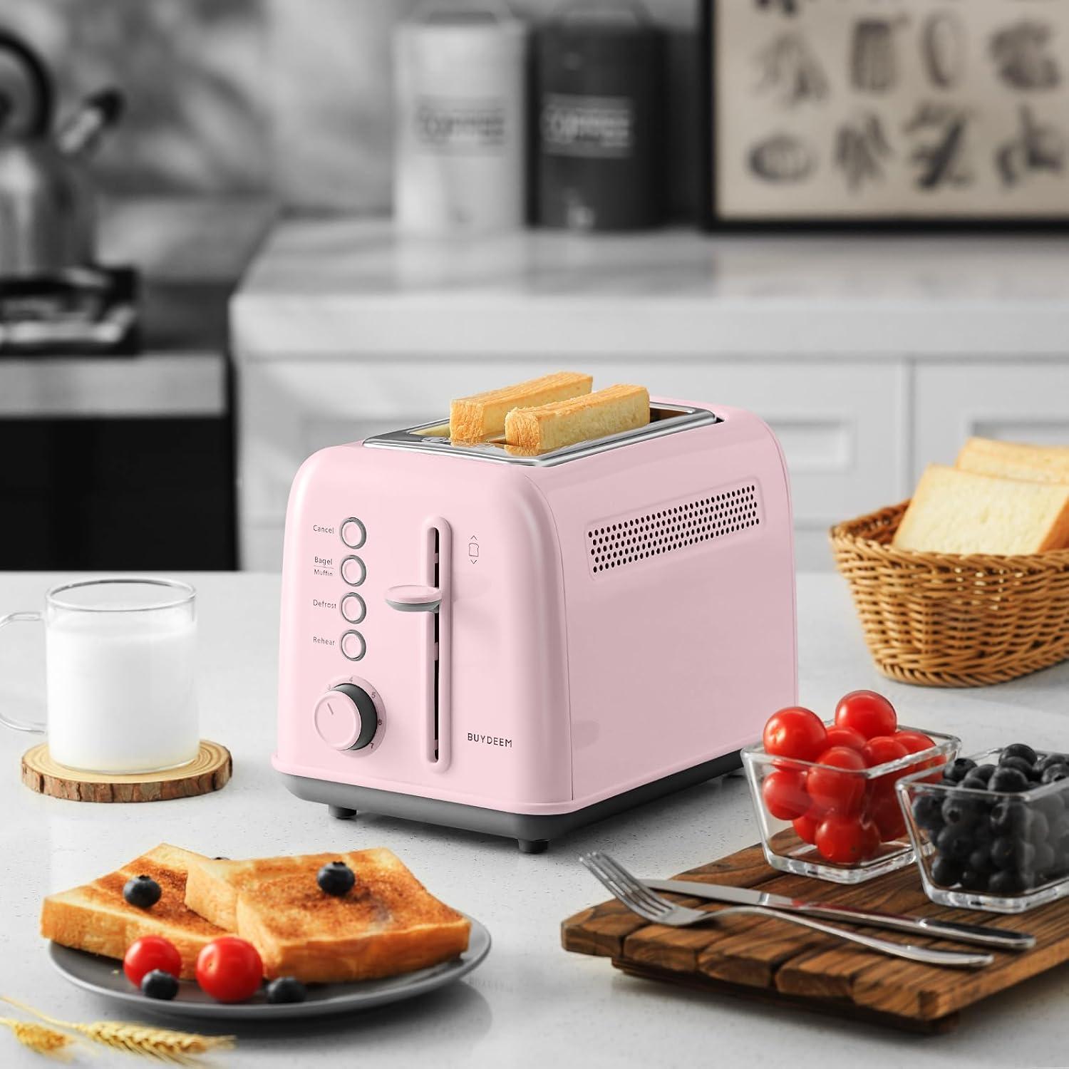 image:imageBUYDEEM DT620 2Slice Toaster Extra Wide Slots Retro Stainless Steel with High Lift Lever Bagel and Muffin Function Removal Crumb Tray 7Shade SettingsCozy GreenishPink