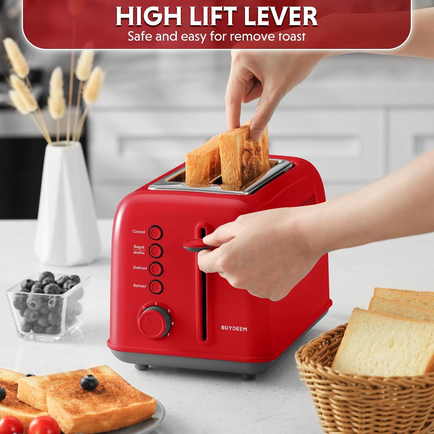 image:imageBUYDEEM DT620 2Slice Toaster Extra Wide Slots Retro Stainless Steel with High Lift Lever Bagel and Muffin Function Removal Crumb Tray 7Shade SettingsCozy GreenishRed