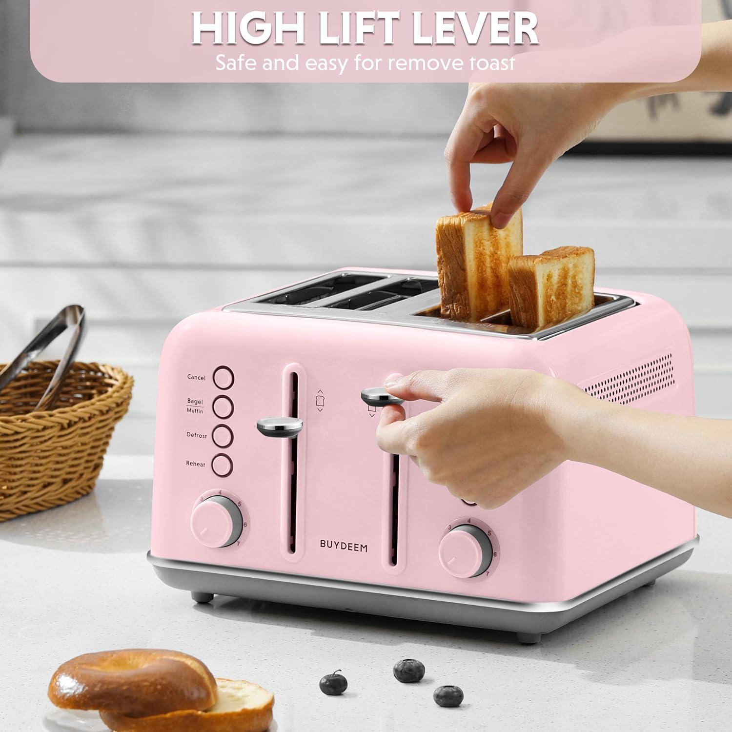 image:imageBUYDEEM DT620 2Slice Toaster Extra Wide Slots Retro Stainless Steel with High Lift Lever Bagel and Muffin Function Removal Crumb Tray 7Shade SettingsCozy GreenishPink