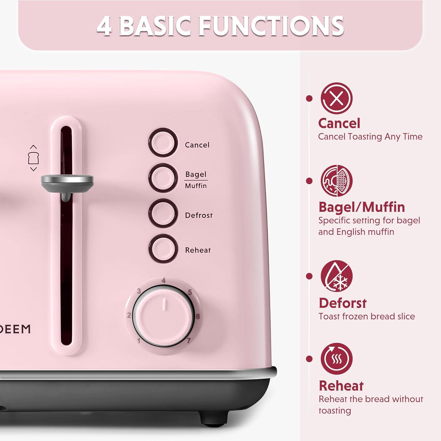 image:imageBUYDEEM DT620 2Slice Toaster Extra Wide Slots Retro Stainless Steel with High Lift Lever Bagel and Muffin Function Removal Crumb Tray 7Shade SettingsCozy GreenishPink