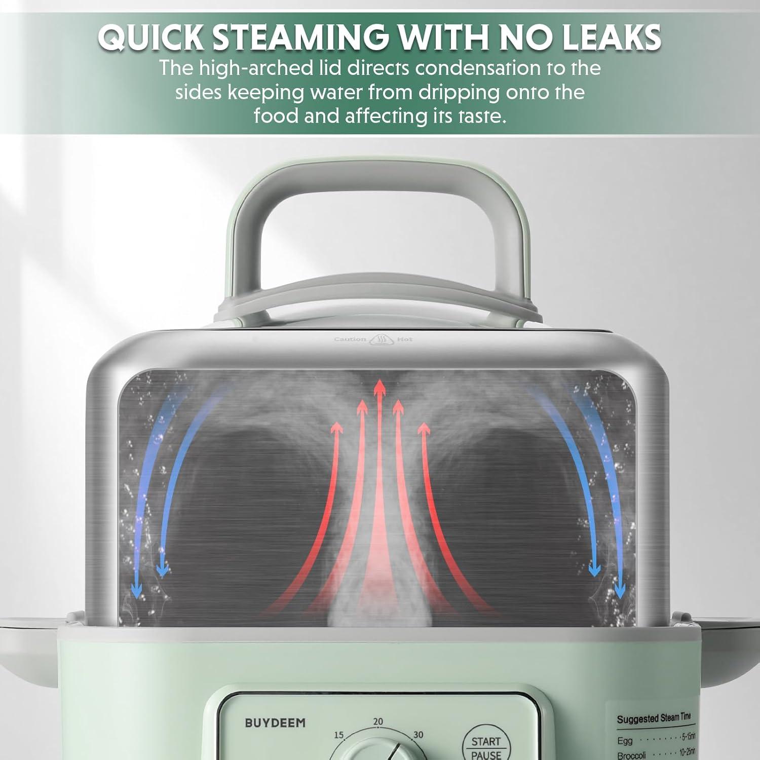 image:imageBUYDEEM G52 106 Quart 2Tier Electric Food Steamer for 48 Servings Vegetable Steamer for Cooking 2hour Keep Warm 7 Preset Timings Dual BoilDry Protection Stainless Steel Cozy Greenish53 Quart