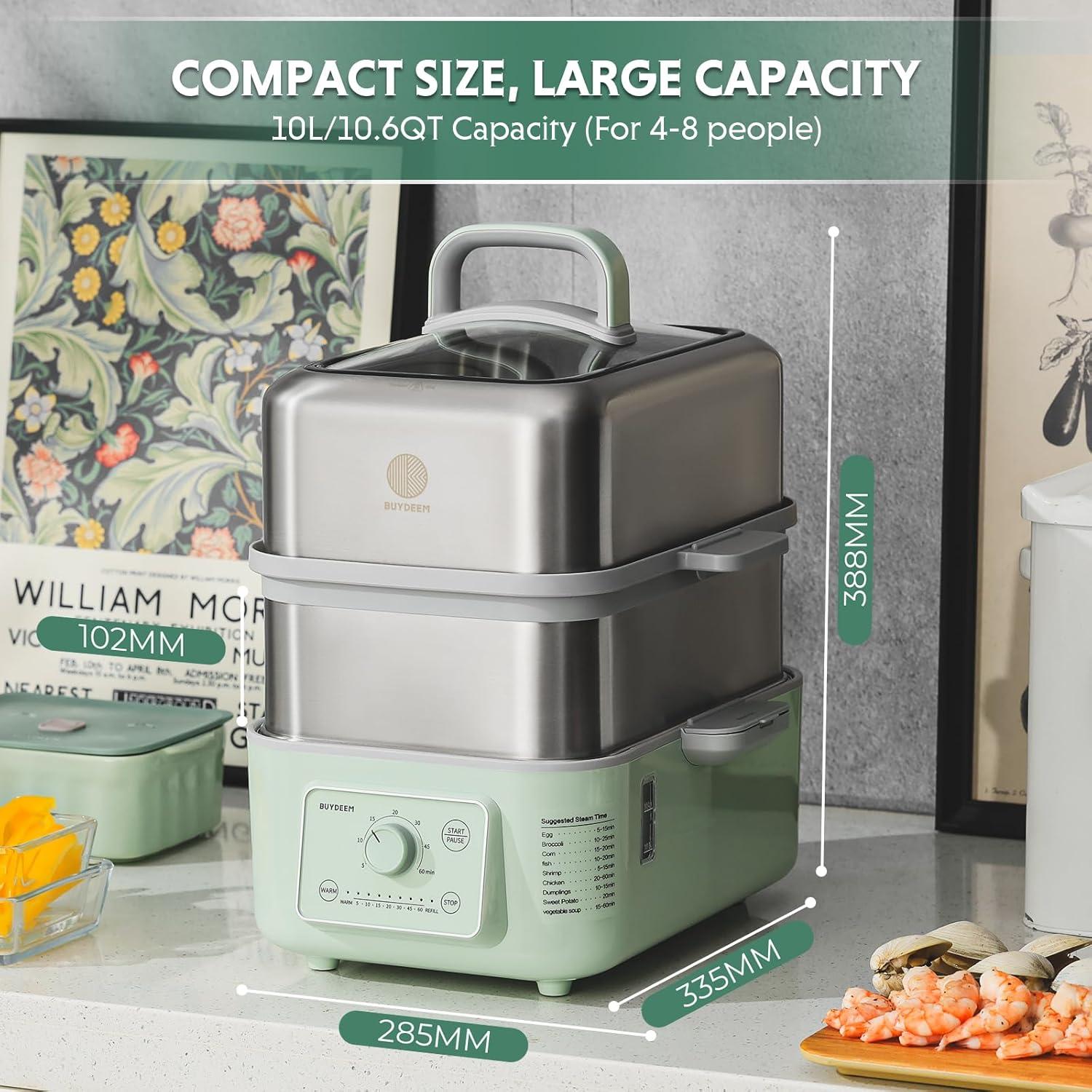 image:imageBUYDEEM G52 106 Quart 2Tier Electric Food Steamer for 48 Servings Vegetable Steamer for Cooking 2hour Keep Warm 7 Preset Timings Dual BoilDry Protection Stainless Steel Cozy Greenish106 Quart