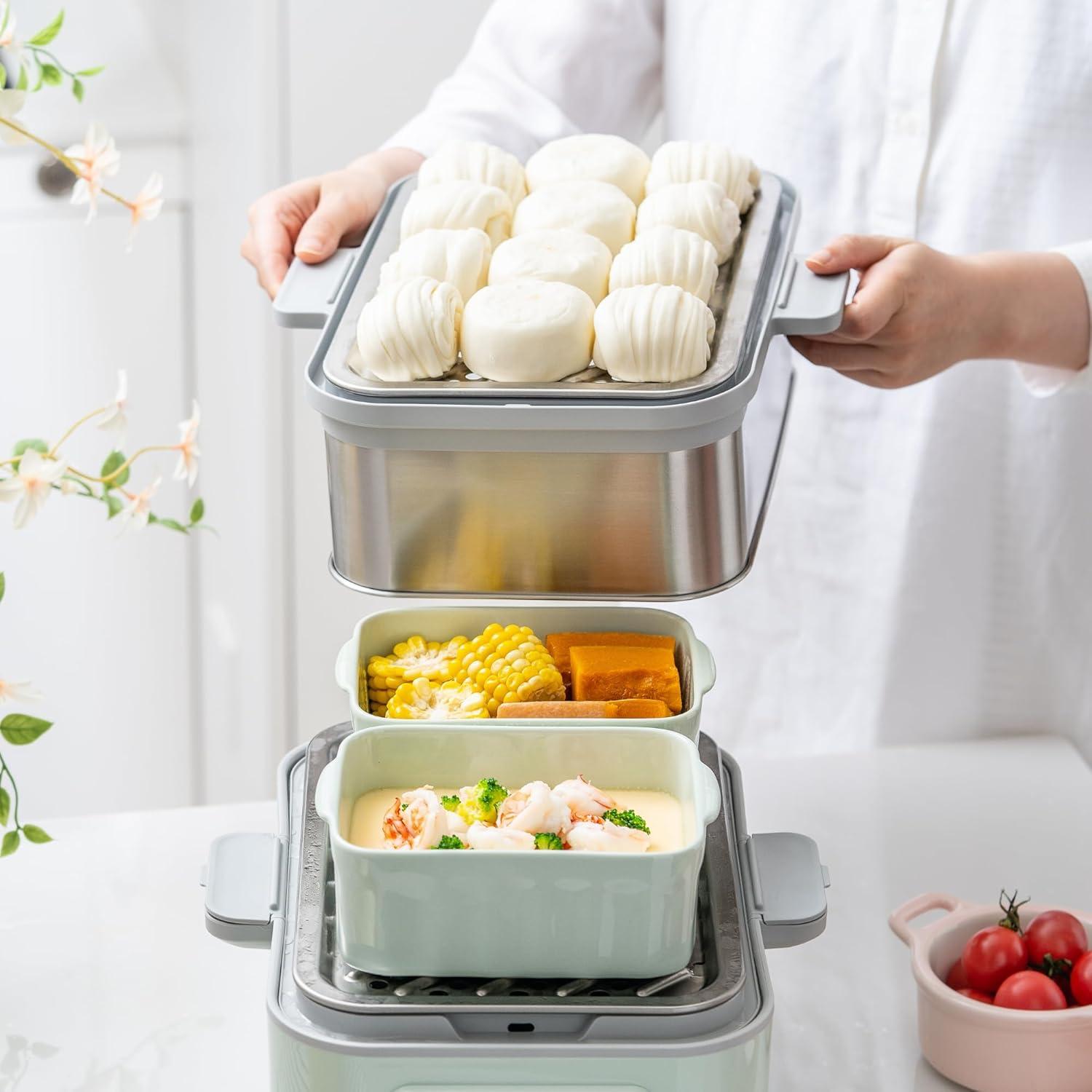 image:imageBUYDEEM G52 106 Quart 2Tier Electric Food Steamer for 48 Servings Vegetable Steamer for Cooking 2hour Keep Warm 7 Preset Timings Dual BoilDry Protection Stainless Steel Cozy Greenish106 Quart