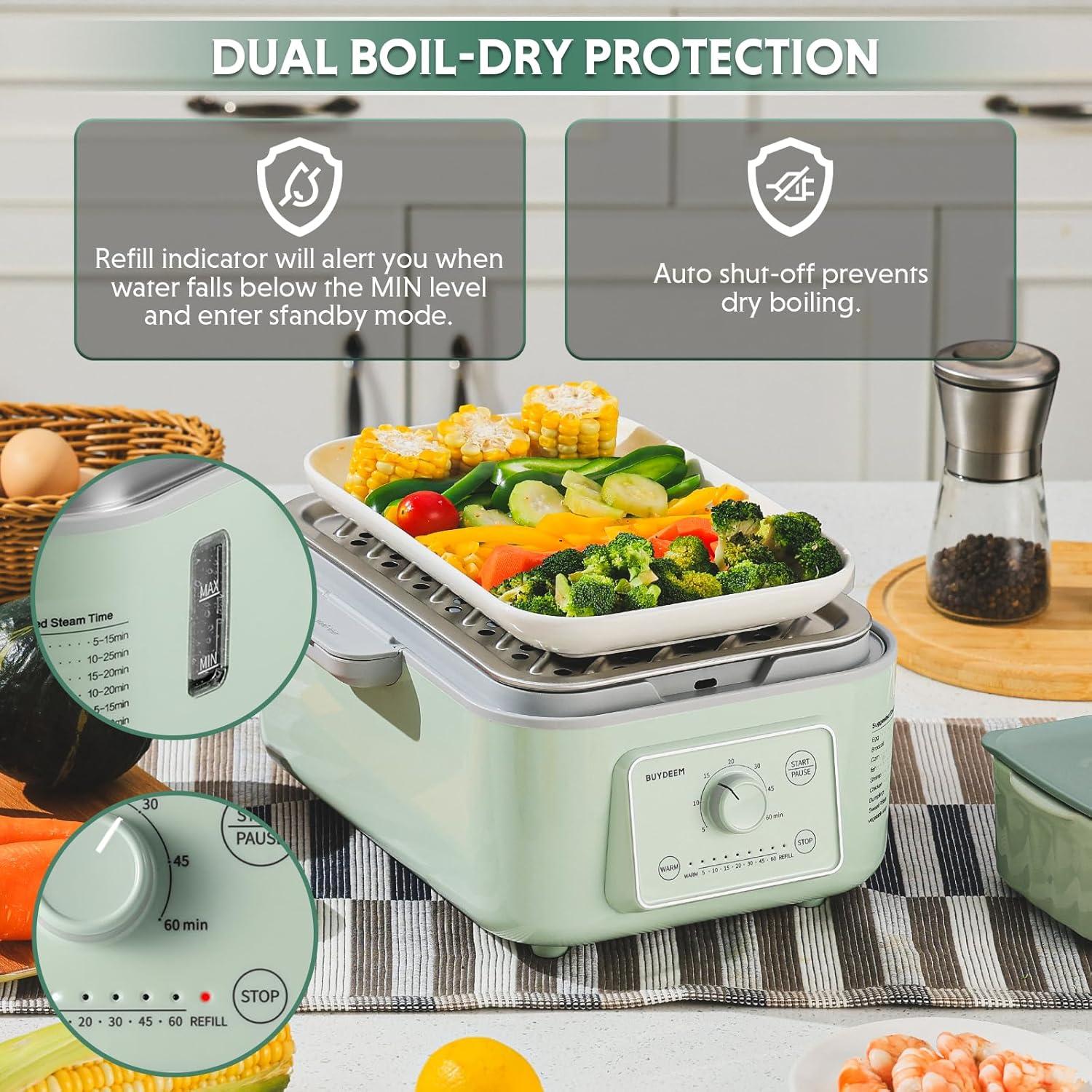 image:imageBUYDEEM G52 106 Quart 2Tier Electric Food Steamer for 48 Servings Vegetable Steamer for Cooking 2hour Keep Warm 7 Preset Timings Dual BoilDry Protection Stainless Steel Cozy Greenish53 Quart