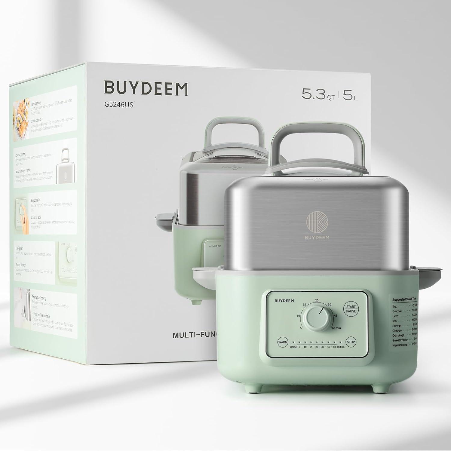 image:imageBUYDEEM G52 106 Quart 2Tier Electric Food Steamer for 48 Servings Vegetable Steamer for Cooking 2hour Keep Warm 7 Preset Timings Dual BoilDry Protection Stainless Steel Cozy Greenish53 Quart