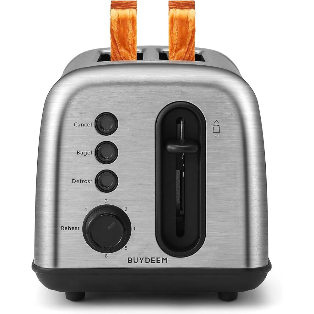 image:imageBUYDEEM DT440 4 Slice Toaster Stainless Steel Toaster with Extra Wide Slots for Bagels Muffins High Lift Lever 6 Shade Settings Retro Sliver2Slice