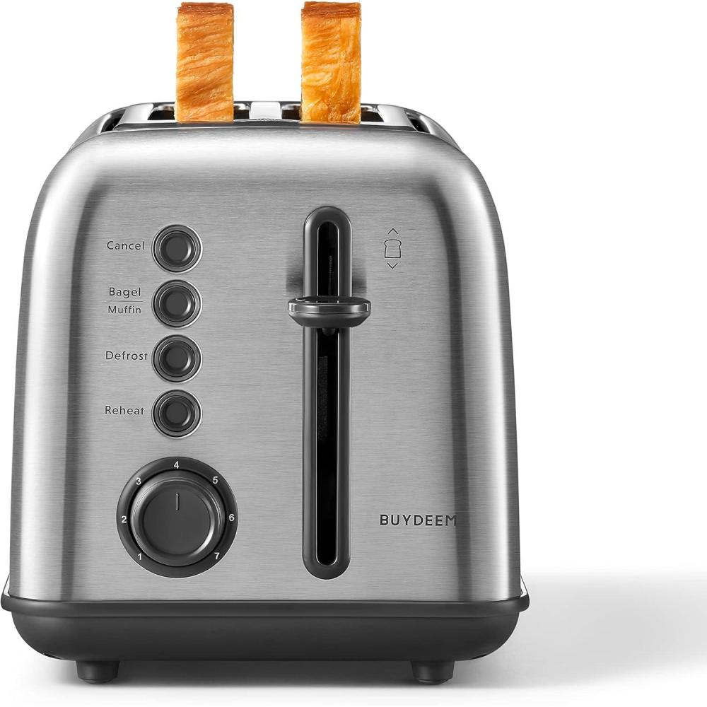 image:imageBUYDEEM DT620 2Slice Toaster Extra Wide Slots Retro Stainless Steel with High Lift Lever Bagel and Muffin Function Removal Crumb Tray 7Shade SettingsCozy GreenishStainless Steel