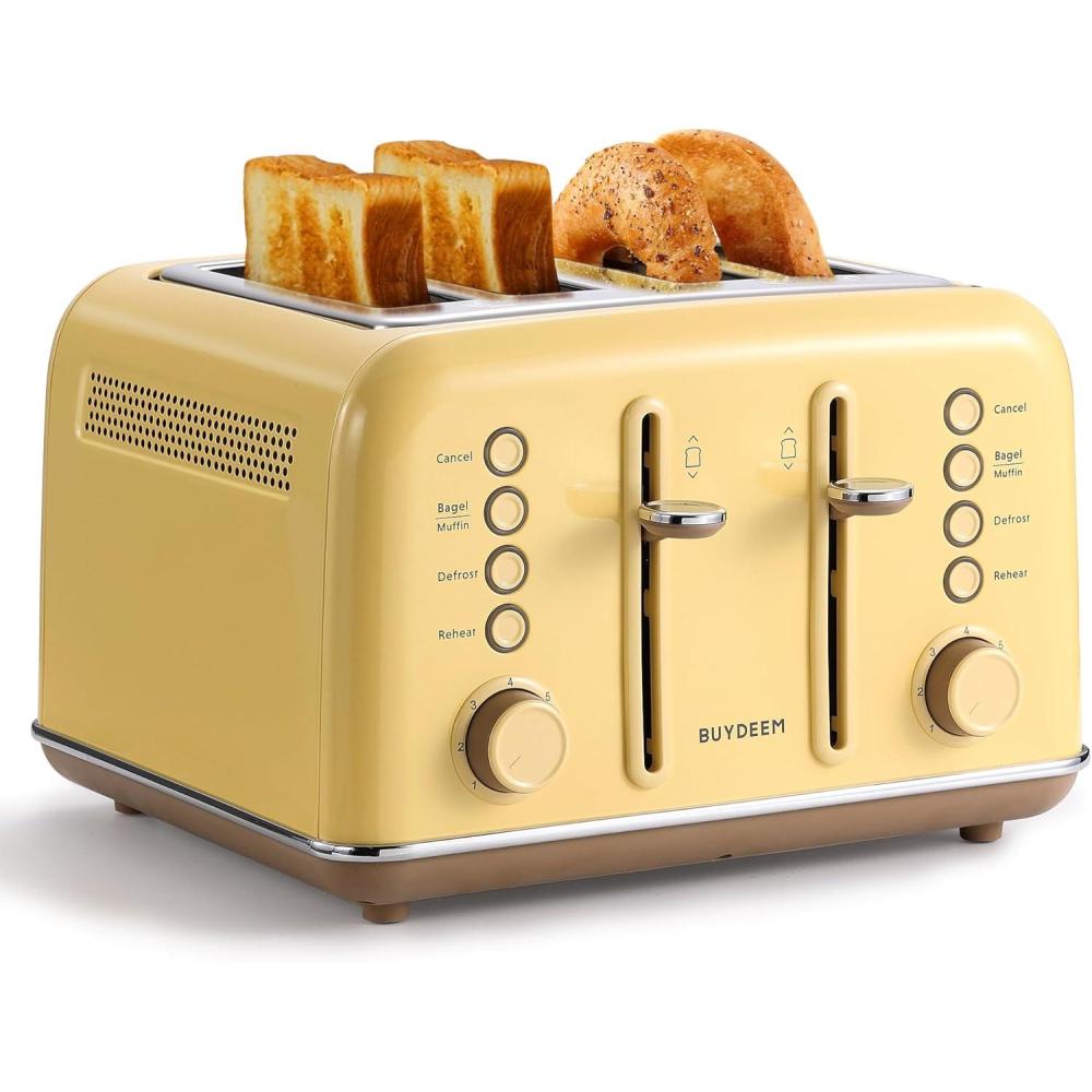 image:imageBUYDEEM DT620 2Slice Toaster Extra Wide Slots Retro Stainless Steel with High Lift Lever Bagel and Muffin Function Removal Crumb Tray 7Shade SettingsCozy GreenishYellow