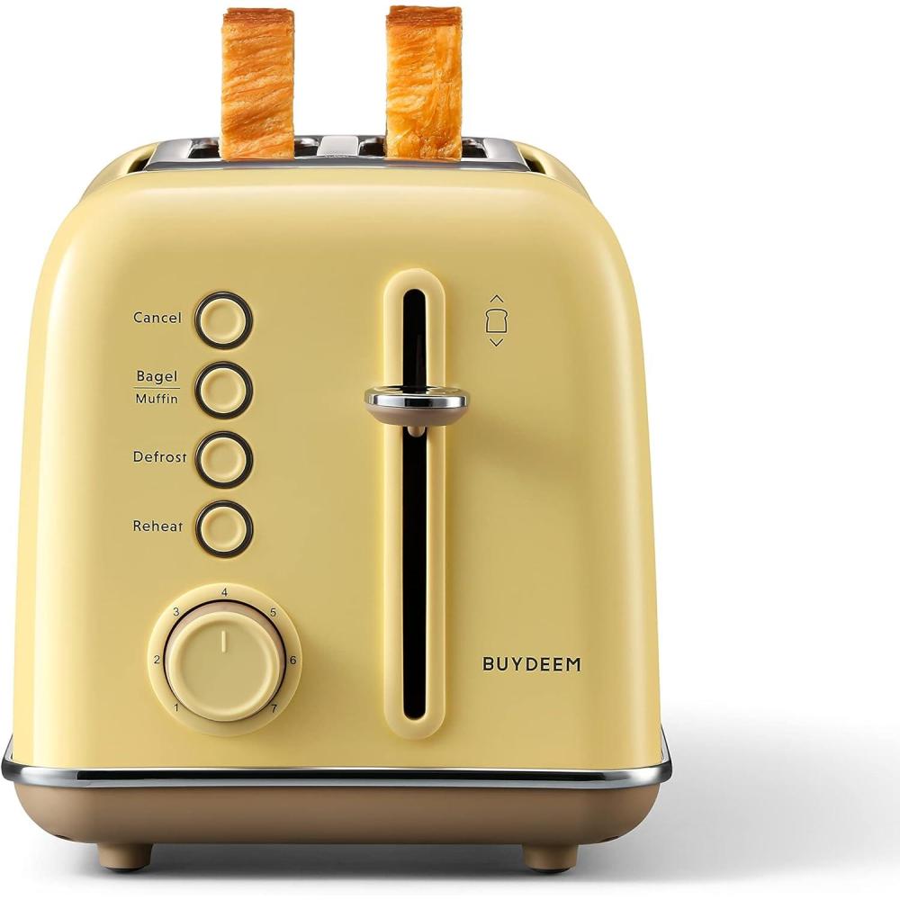 image:imageBUYDEEM DT620 2Slice Toaster Extra Wide Slots Retro Stainless Steel with High Lift Lever Bagel and Muffin Function Removal Crumb Tray 7Shade SettingsCozy GreenishMellow Yellow