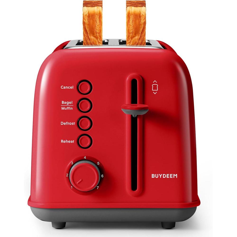 image:imageBUYDEEM DT620 2Slice Toaster Extra Wide Slots Retro Stainless Steel with High Lift Lever Bagel and Muffin Function Removal Crumb Tray 7Shade SettingsCozy GreenishRed