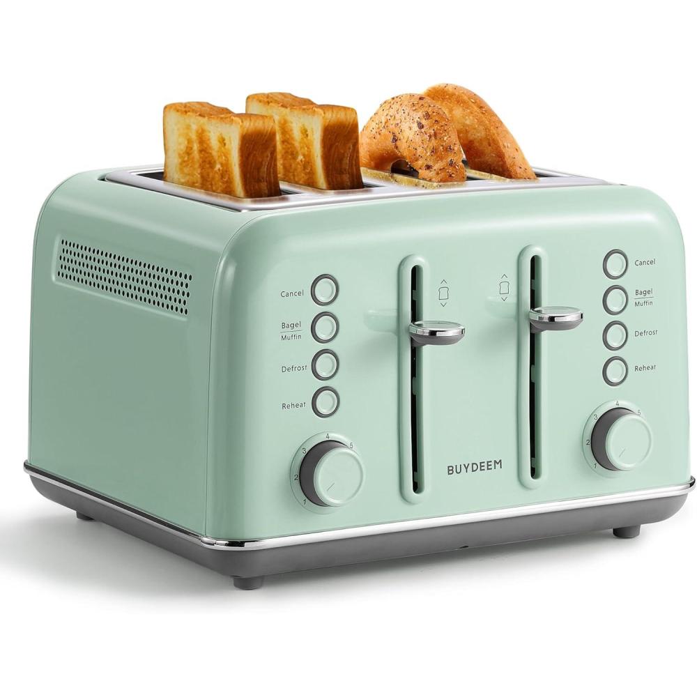 image:imageBUYDEEM DT620 2Slice Toaster Extra Wide Slots Retro Stainless Steel with High Lift Lever Bagel and Muffin Function Removal Crumb Tray 7Shade SettingsCozy GreenishGreen