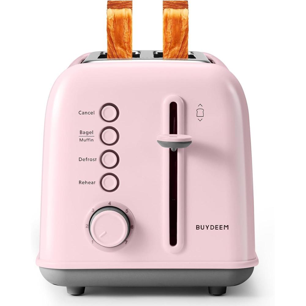 image:imageBUYDEEM DT620 2Slice Toaster Extra Wide Slots Retro Stainless Steel with High Lift Lever Bagel and Muffin Function Removal Crumb Tray 7Shade SettingsCozy GreenishPink