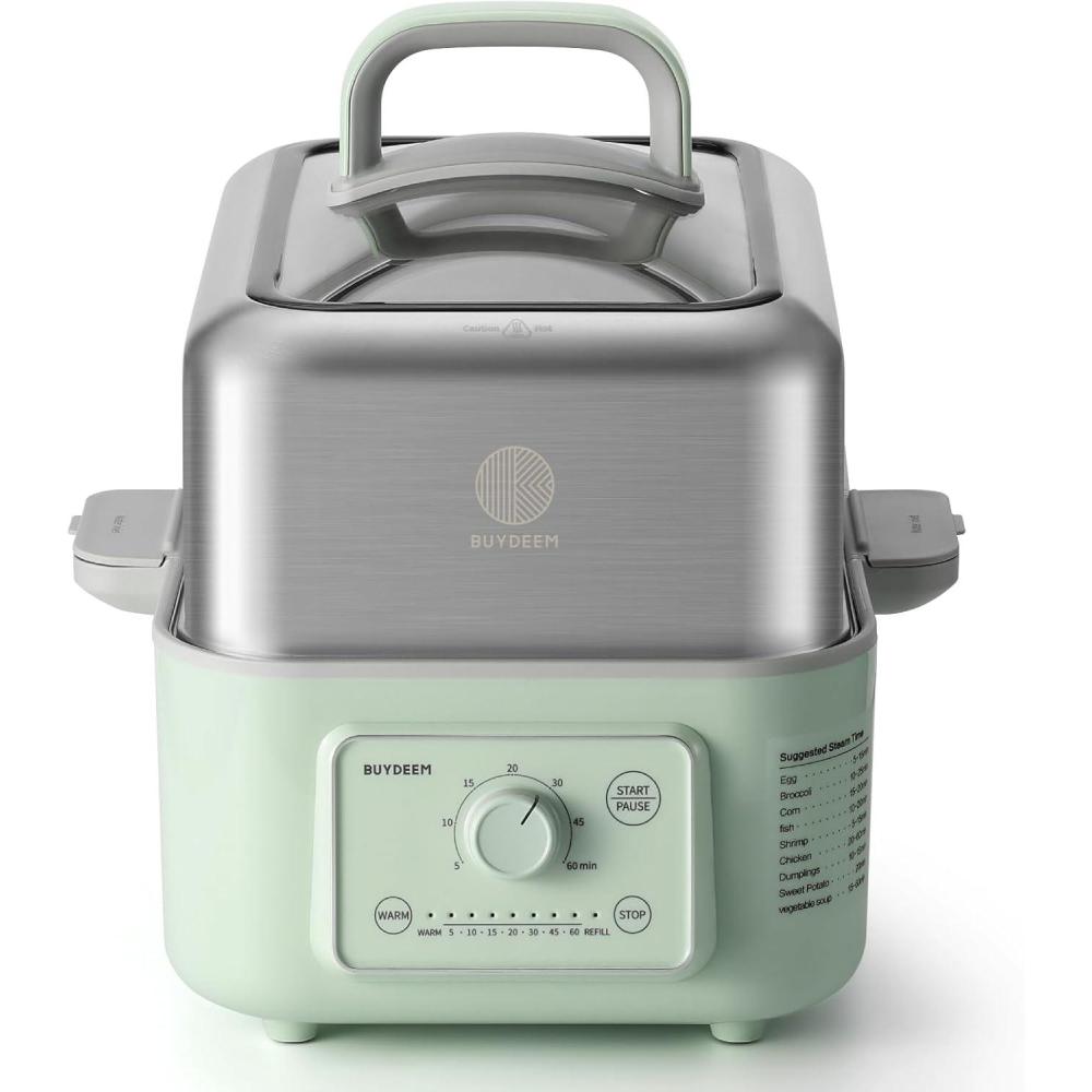 image:imageBUYDEEM G52 106 Quart 2Tier Electric Food Steamer for 48 Servings Vegetable Steamer for Cooking 2hour Keep Warm 7 Preset Timings Dual BoilDry Protection Stainless Steel Cozy Greenish53 Quart