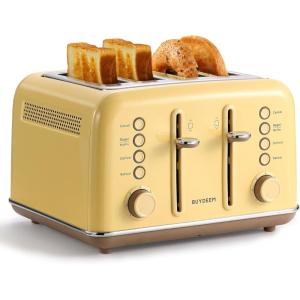 BUYDEEM DT620 2-Slice Toaster, Extra Wide Slots, Retro Stainless Steel with High Lift Lever, Bagel and Muffin Function, Removal Crumb Tray, 7-Shade Settings,Cozy Greenish(Yellow)