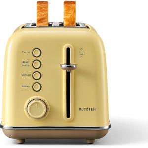 BUYDEEM DT620 2-Slice Toaster, Extra Wide Slots, Retro Stainless Steel with High Lift Lever, Bagel and Muffin Function, Removal Crumb Tray, 7-Shade Settings,Cozy Greenish(Mellow Yellow)