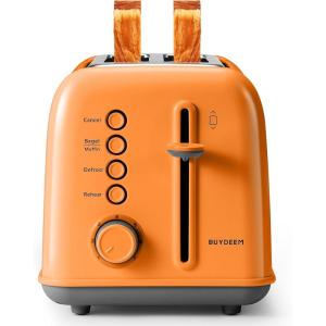 BUYDEEM DT620 2-Slice Toaster, Extra Wide Slots, Retro Stainless Steel with High Lift Lever, Bagel and Muffin Function, Removal Crumb Tray, 7-Shade Settings,Cozy Greenish(Orange)