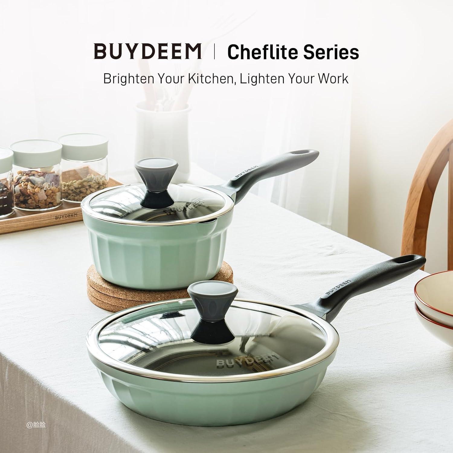 image:imageBUYDEEM Cast Aluminum Non Stick Frying Pan 102 Inch Rapid Even Heating Skillet with Glass Lid All Stovetops Compatible No PFASPFOA Egg Pan with Cool Handle Cheflite Series CP151 Cozy GreenishCozy Greenish