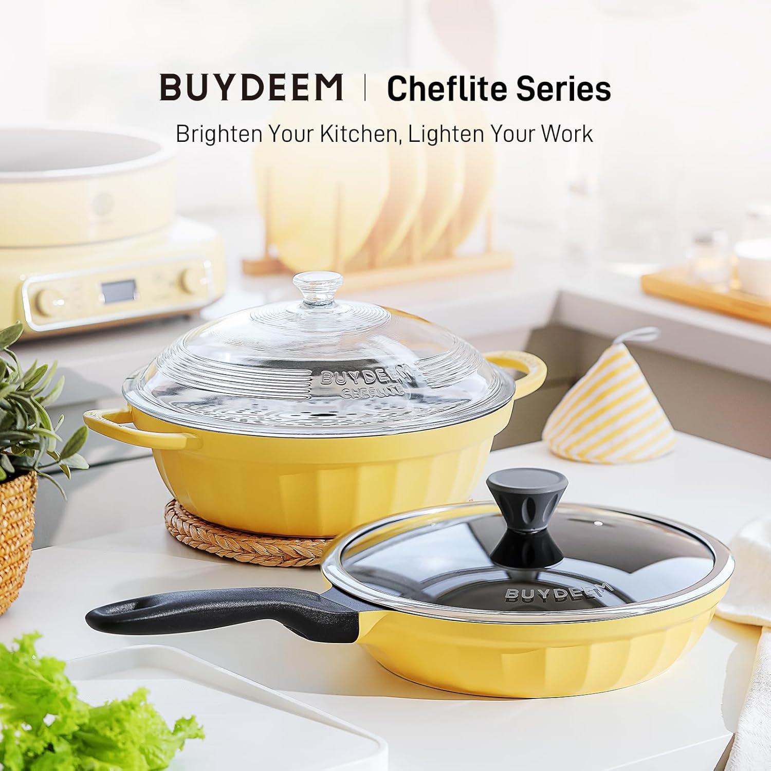 image:imageBUYDEEM Cast Aluminum Non Stick Frying Pan 102 Inch Rapid Even Heating Skillet with Glass Lid All Stovetops Compatible No PFASPFOA Egg Pan with Cool Handle Cheflite Series CP151 Cozy GreenishMellow Yellow