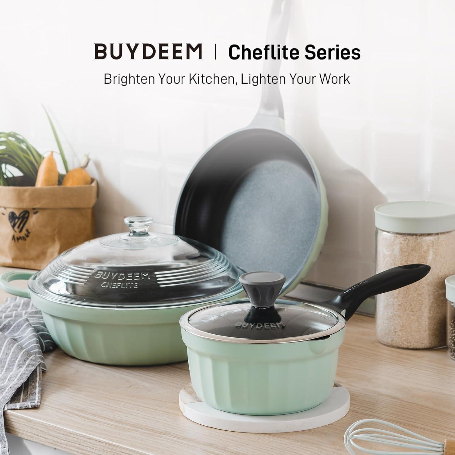 image:imageBUYDEEM Cast Aluminum Non Stick Sauce PanRapid Even Heat Milk Pan with Glass LidAll Stovetops CompatibleNo PFOAPFASCooking Pot with Cool HandleCheflite Series CP141 Mellow Yellow2QTCozy Greenish
