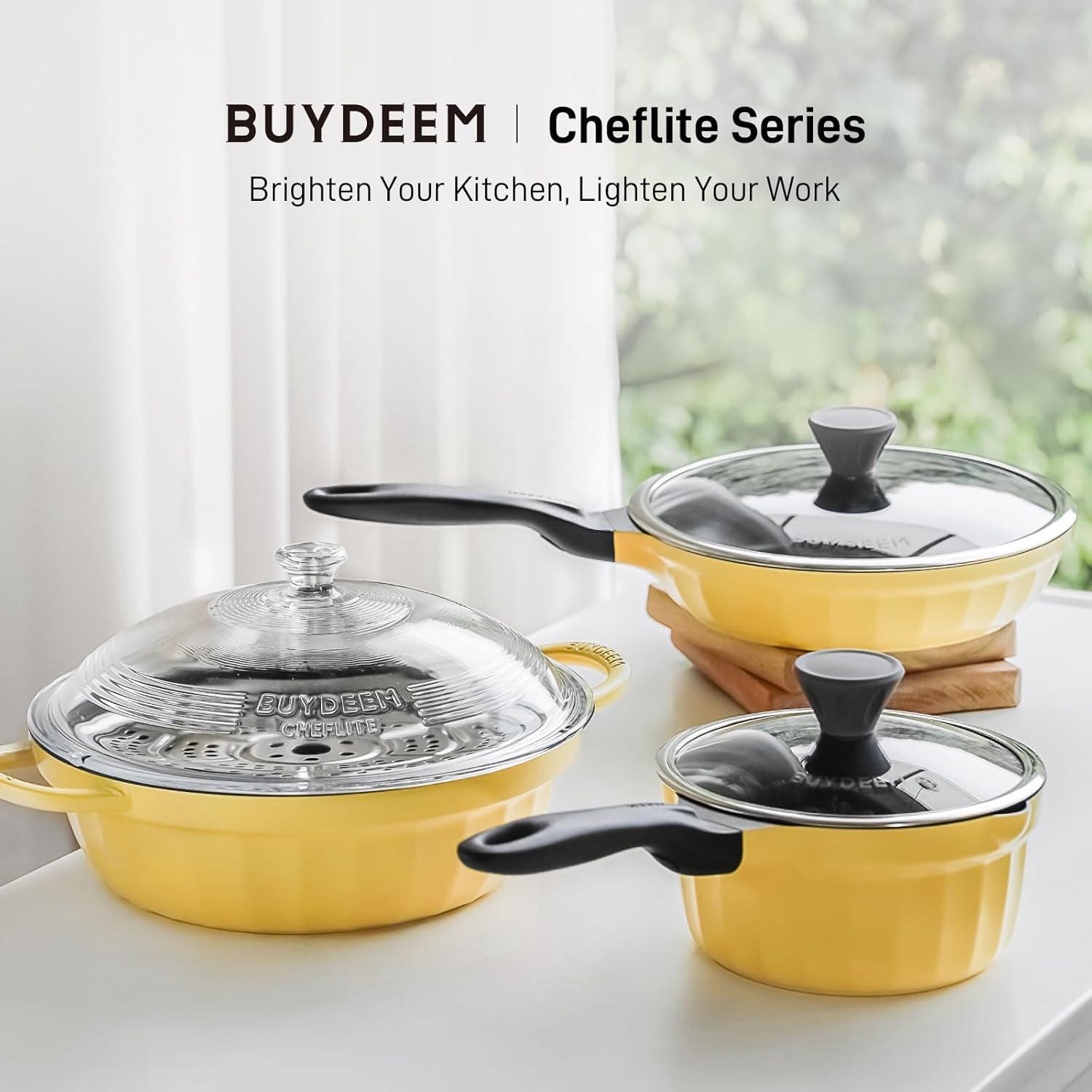 image:imageBUYDEEM Cast Aluminum Non Stick Sauce PanRapid Even Heat Milk Pan with Glass LidAll Stovetops CompatibleNo PFOAPFASCooking Pot with Cool HandleCheflite Series CP141 Mellow Yellow2QTMellow Yellow