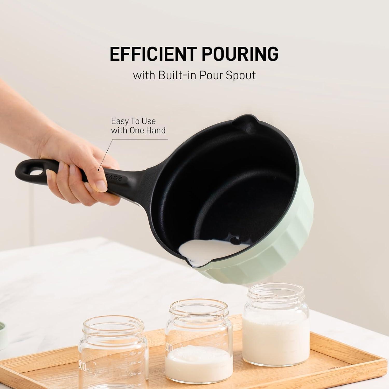 image:imageBUYDEEM Cast Aluminum Non Stick Sauce PanRapid Even Heat Milk Pan with Glass LidAll Stovetops CompatibleNo PFOAPFASCooking Pot with Cool HandleCheflite Series CP141 Mellow Yellow2QTCozy Greenish