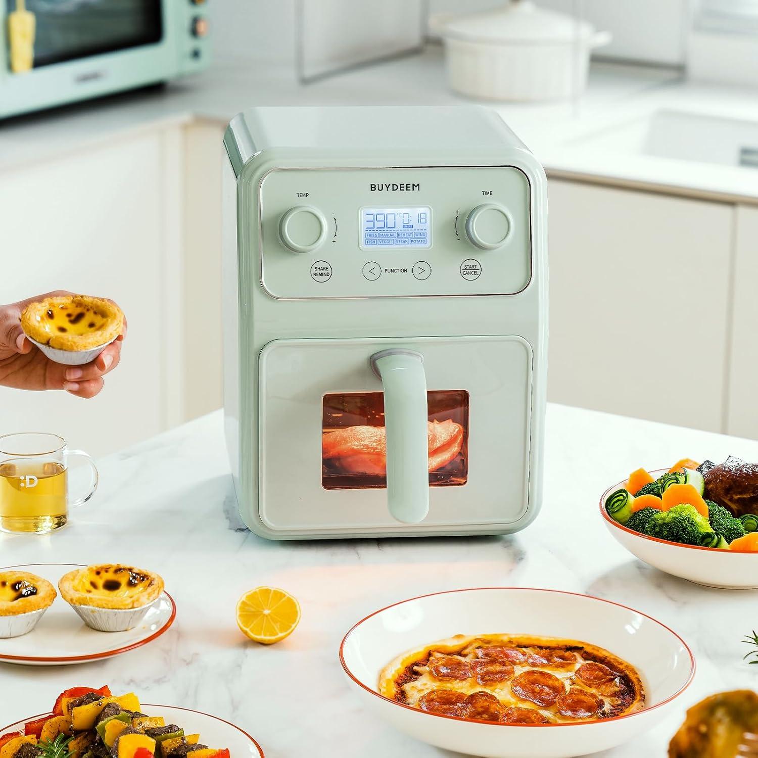 image:imageBUYDEEM F51 8in1 Air Fryer 42QT Retro Countertop Airfryer Oven with Visible Window Shake Reminder Onetouch Control with LCD Display Mellow YellowCozy Greenish