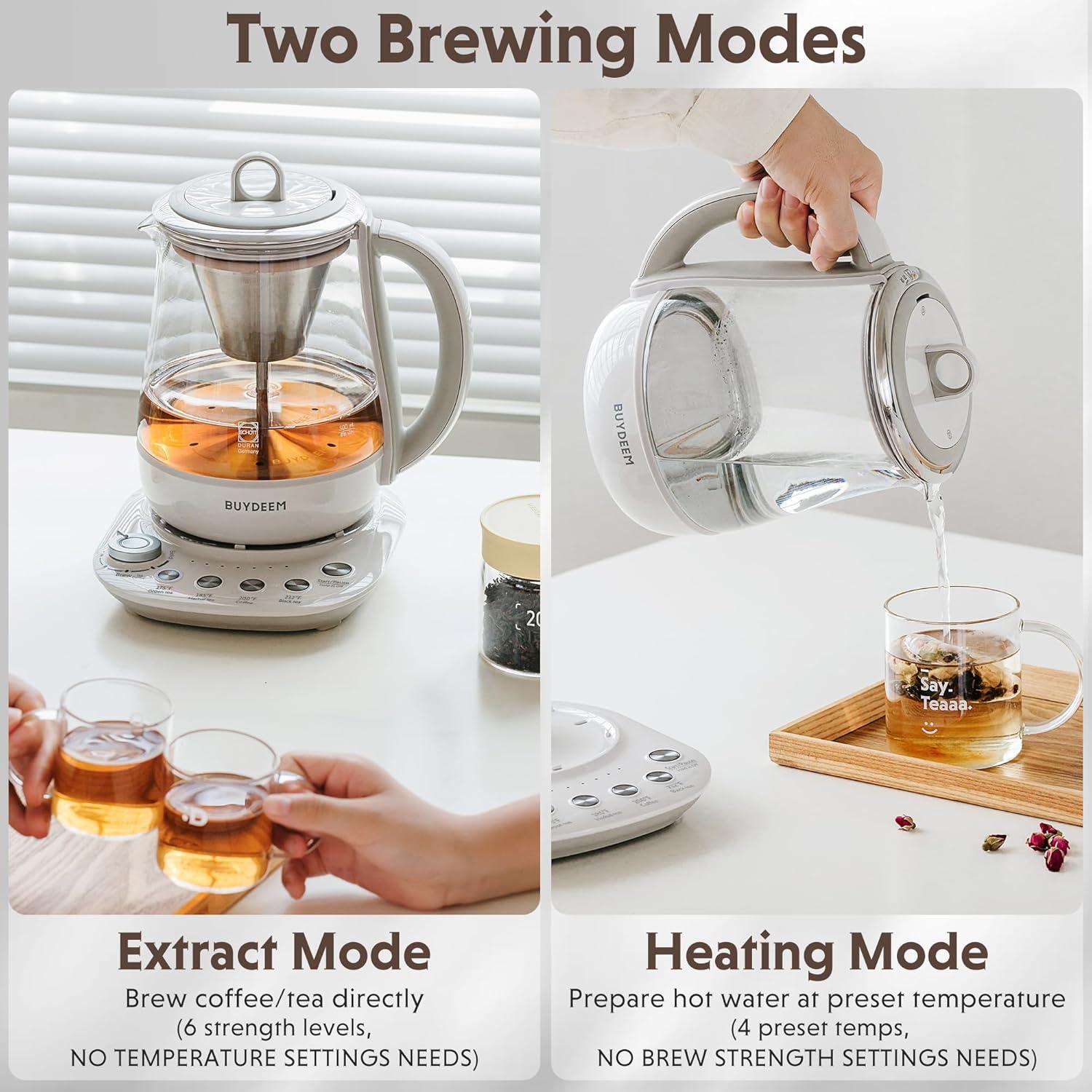 image:imageBUYDEEM K156 Tea Maker Electric Kettle for Coffee and Tea Brewer 6 Brew Strength Selection for Extracting 4 Temperature Settings Boil Dry Protection 2 Hours Auto Keep Warm Oat White 15L16QT16 Quarts