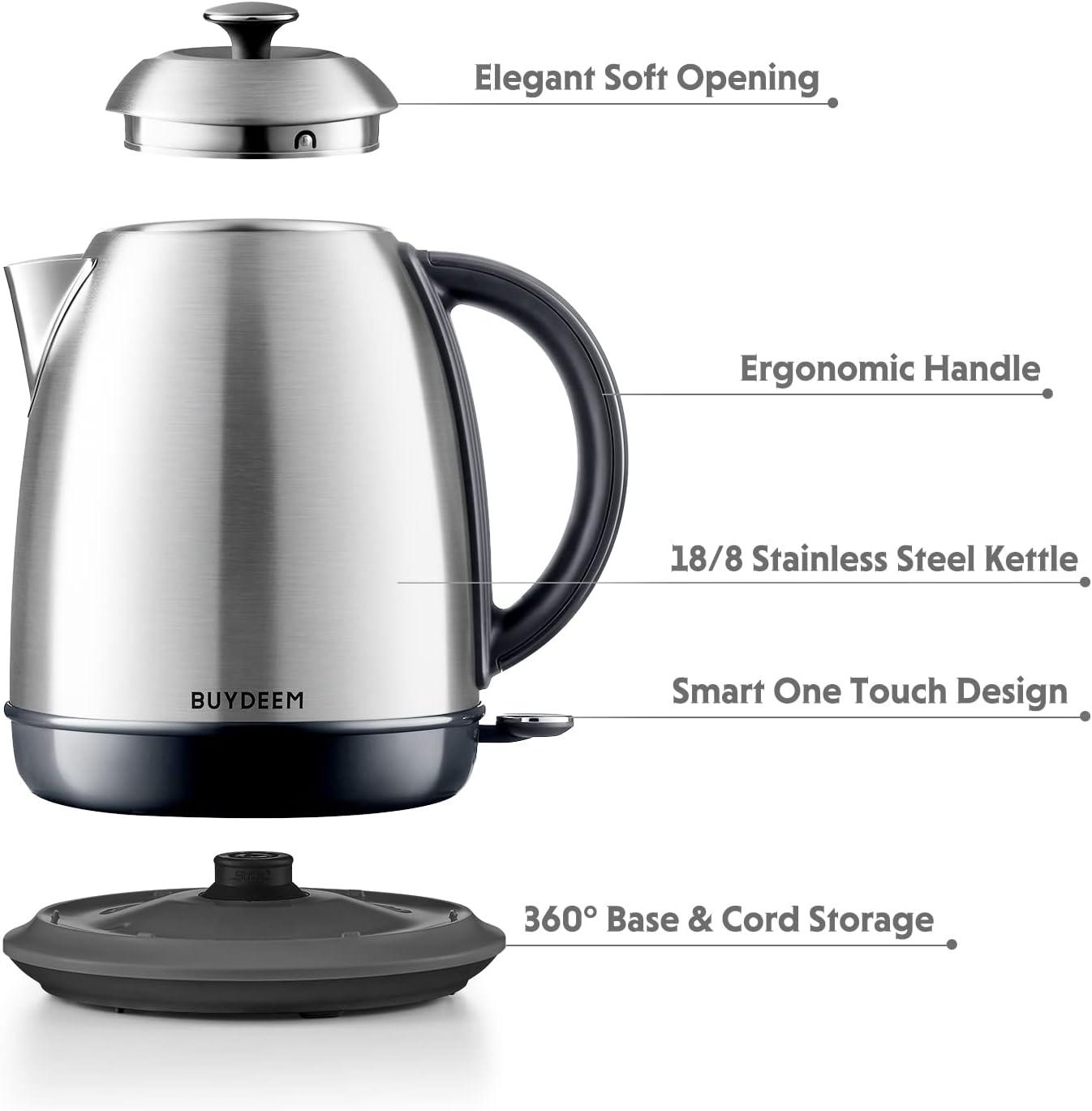 image:imageBUYDEEM K640 Stainless Steel Electric Tea Kettle with Auto ShutOff and Boil Dry Protection 17 Liter Cordless Hot Water Boiler with Swivel Base 1440W Mellow YellowRetro Silver