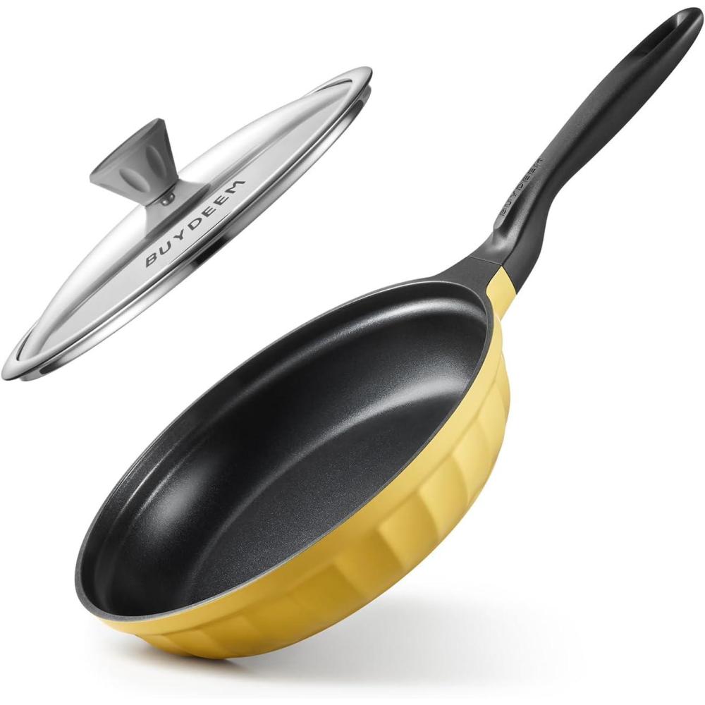 image:imageBUYDEEM Cast Aluminum Non Stick Frying Pan 102 Inch Rapid Even Heating Skillet with Glass Lid All Stovetops Compatible No PFASPFOA Egg Pan with Cool Handle Cheflite Series CP151 Cozy GreenishMellow Yellow
