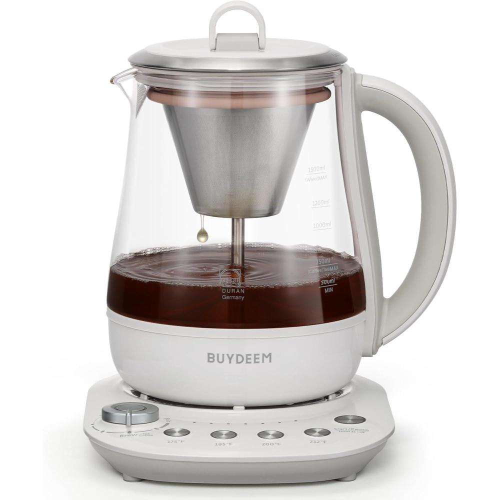 image:imageBUYDEEM K156 Tea Maker Electric Kettle for Coffee and Tea Brewer 6 Brew Strength Selection for Extracting 4 Temperature Settings Boil Dry Protection 2 Hours Auto Keep Warm Oat White 15L16QT16 Quarts